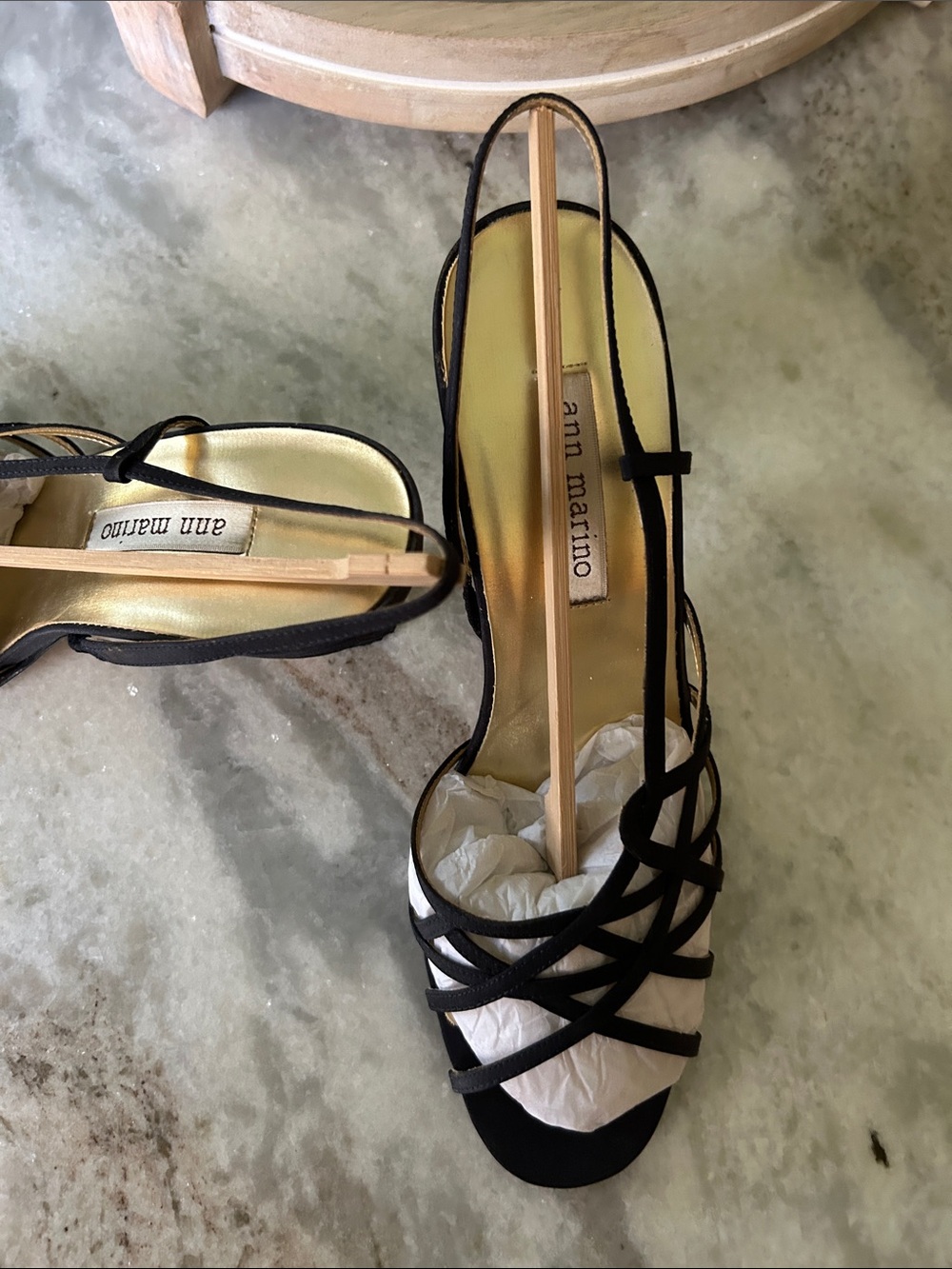 Ann Marino navy Strappy Open-Toe Slingback Heels